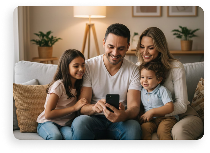 Família feliz usando celular